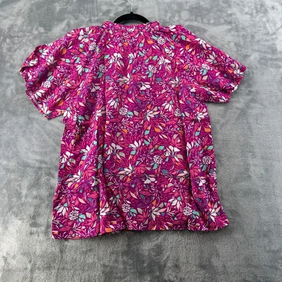 NWOT Denim & Company Magenta Floral Ruffle Button Front Blouse XS Short Sleeve - Picture 6 of 7